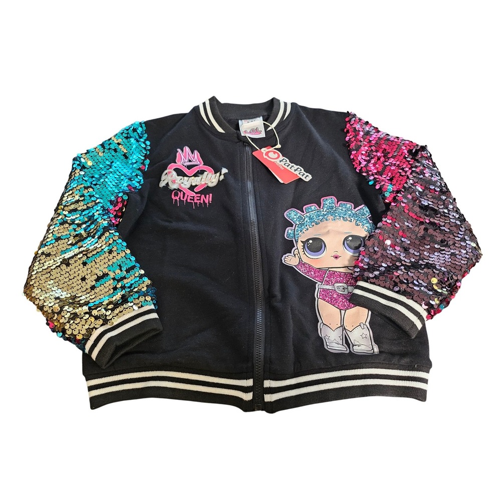 PatPat LOL Surprise Jacket Kids 5-6Y Black Sequin Sleeve Royalty Queen Zip Up